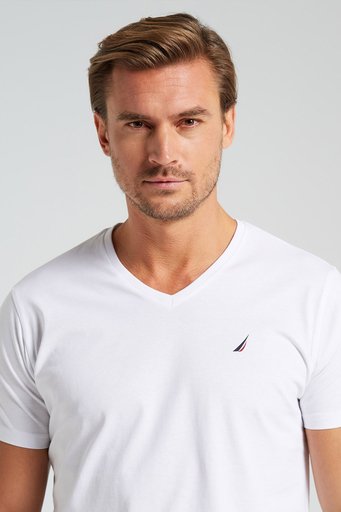 Nautica % 100 Pamuk Standart Fit V Yaka Erkek T Shirt V35525T 1BW BEYAZ - 3