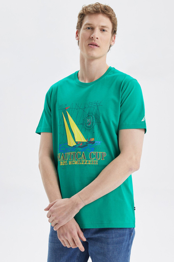 Nautica Baskılı % 100 Pamuk Standart Fit Bisiklet Yaka Erkek T Shirt V35519T 3PX YEŞİL - 1