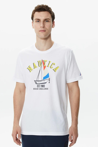 Nautica Baskılı % 100 Pamuklu Regular Fit Bisiklet Yaka Erkek T Shirt V35516T 1BW BEYAZ - 5