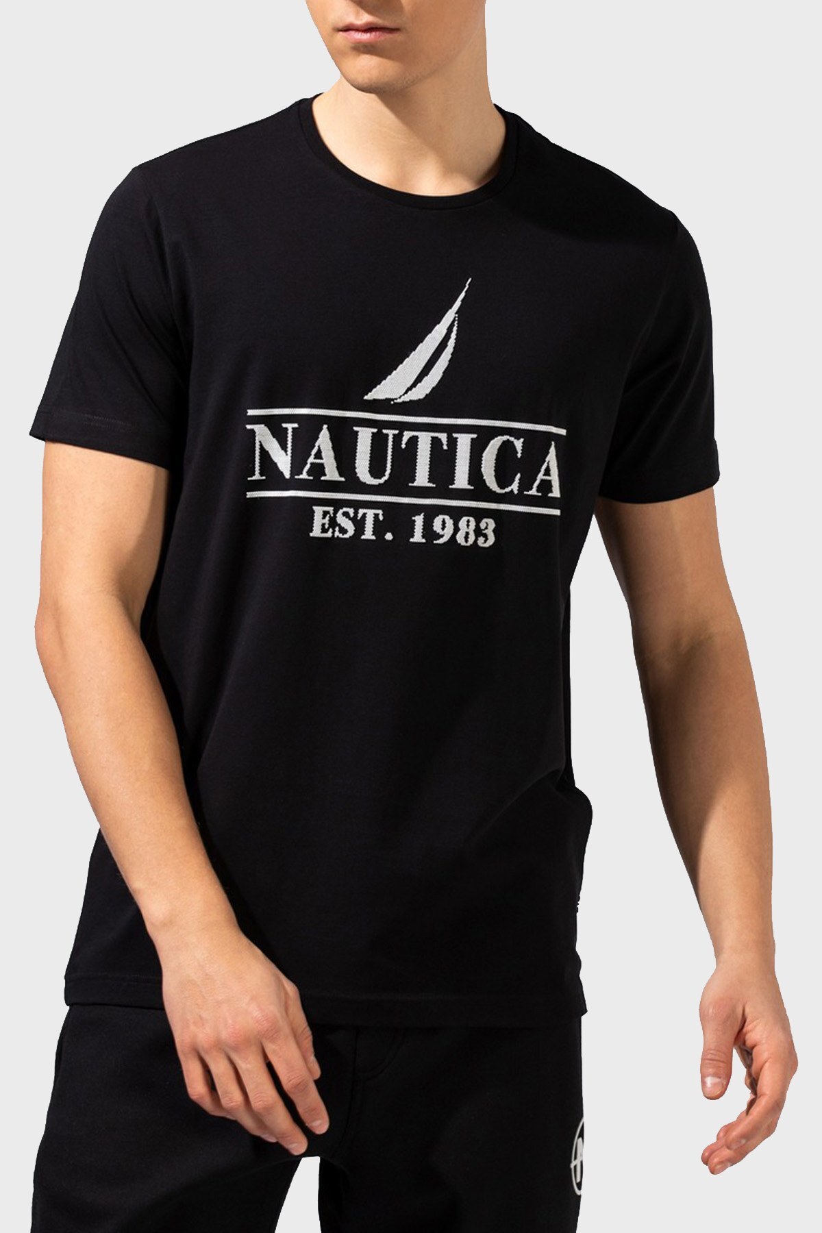 Nautica Pamuklu Baskılı Bisiklet Yaka Erkek T Shirt V15950T 0TB SİYAH