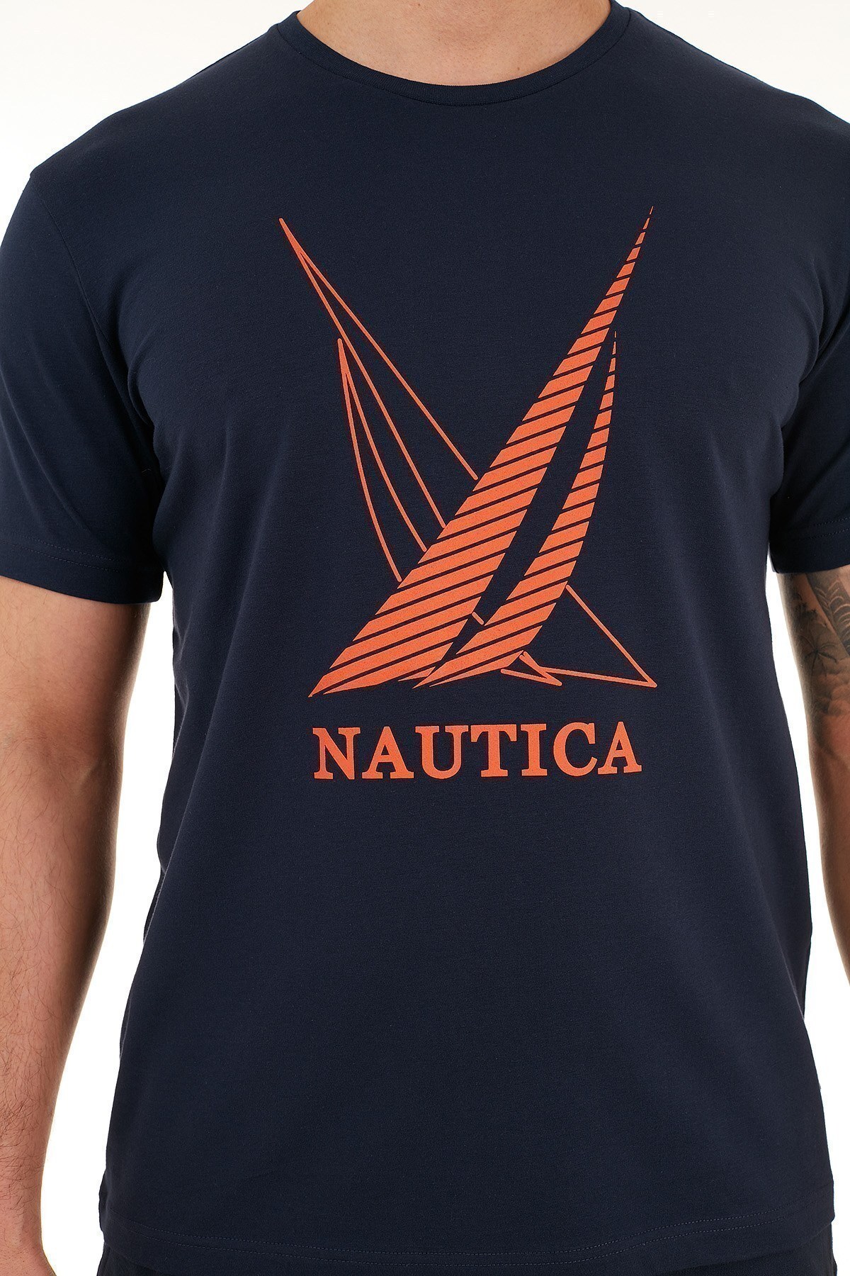 Nautica Pamuklu Baskılı Bisiklet Yaka Erkek T Shirt VC0105T 4NV LACİVERT