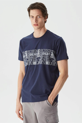 Nautica Pamuklu Tasarım Baskılı Bisiklet Yaka Standart Fit Erkek T Shirt V35541T 4NV LACİVERT - 1