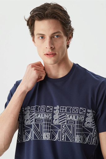 Nautica Pamuklu Tasarım Baskılı Bisiklet Yaka Standart Fit Erkek T Shirt V35541T 4NV LACİVERT - 3