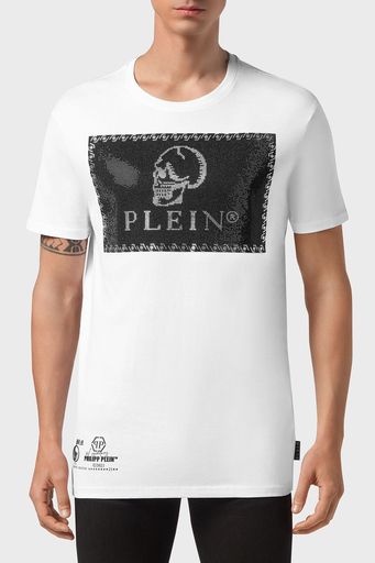 Philipp Plein % 100 Pamuk Loose Fit Taşlı Logolu Erkek T Shirt MTK5082 PJY002N 01 BEYAZ - 1