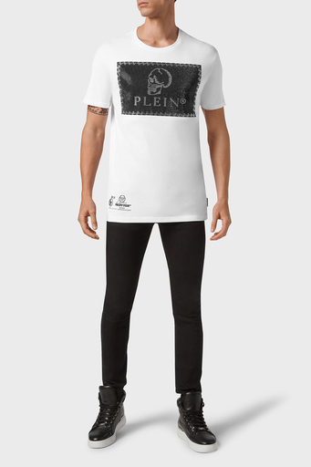 Philipp Plein % 100 Pamuk Loose Fit Taşlı Logolu Erkek T Shirt MTK5082 PJY002N 01 BEYAZ - 3