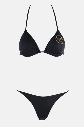 Philipp Plein İpli Bağlamalı Taş Süslemeli Logolu Bayan Bikini CDPPT1099 SİYAH - 1