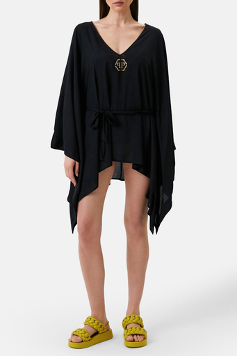 Philipp Plein Logolu Belden Bağlamalı Regular Fit Kimono Kaftan Bayan Pareo DMPPK0299 SİYAH - 3