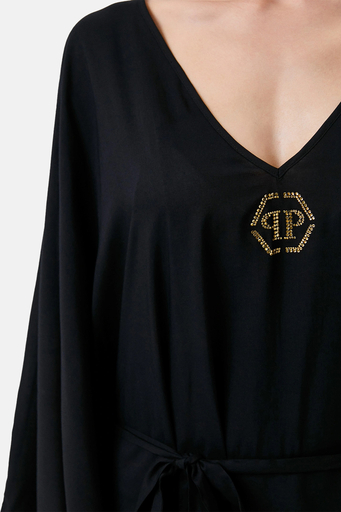 Philipp Plein Logolu Belden Bağlamalı Regular Fit Kimono Kaftan Bayan Pareo DMPPK0299 SİYAH - 4