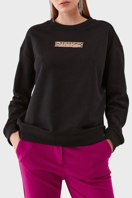 Pinko % 100 Pamuk Parlak Taş Logolu Bisiklet Yaka Regular Fit Bayan Sweat 101607 A12I Z99 SİYAH - 1