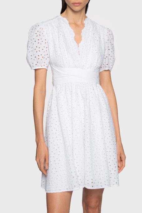 Pinko % 100 Pamuk Sırt Dekolteli Fistolu Balon Kol Mini Bayan Elbise 100890 A0Q4 Z04 BEYAZ - 1