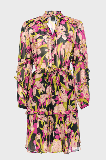Pinko Çiçek Baskılı Fırfırlı İpli Bağlamalı Düğmeli Kapatmalı Regular Fit Bayan Elbise 101493 A155 ZY5 Pembe-Sarı - 6