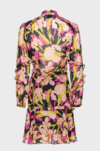 Pinko Çiçek Baskılı Fırfırlı İpli Bağlamalı Düğmeli Kapatmalı Regular Fit Bayan Elbise 101493 A155 ZY5 Pembe-Sarı - 7