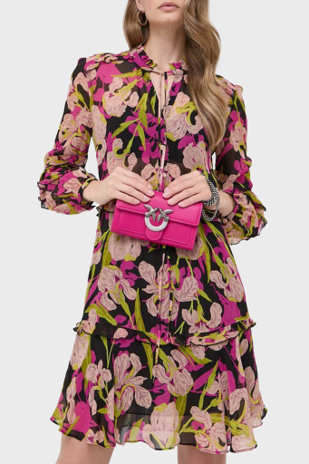 Pinko Çiçek Baskılı Fırfırlı İpli Bağlamalı Düğmeli Kapatmalı Regular Fit Bayan Elbise 101493 A155 ZY5 Pembe-Sarı - 8