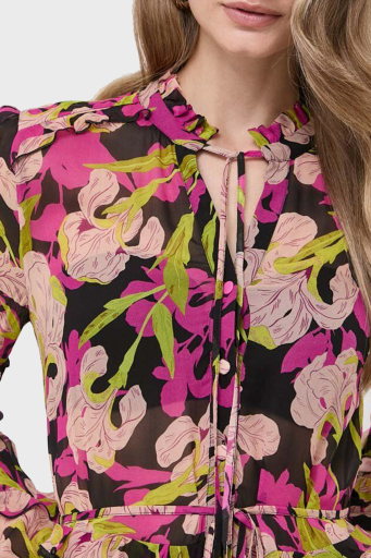 Pinko Çiçek Baskılı Fırfırlı İpli Bağlamalı Düğmeli Kapatmalı Regular Fit Bayan Elbise 101493 A155 ZY5 Pembe-Sarı - 9