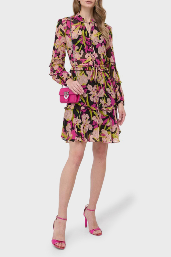 Pinko Çiçek Baskılı Fırfırlı İpli Bağlamalı Düğmeli Kapatmalı Regular Fit Bayan Elbise 101493 A155 ZY5 Pembe-Sarı - 10