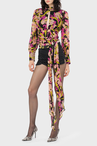Pinko Çiçek Desenli Dekolteli Belden Bağlamalı Regular Fit Bayan Bluz 101765 A155 ZY5 Pembe-Sarı - 1