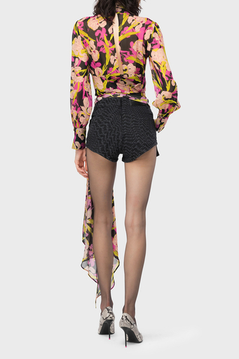 Pinko Çiçek Desenli Dekolteli Belden Bağlamalı Regular Fit Bayan Bluz 101765 A155 ZY5 Pembe-Sarı - 3