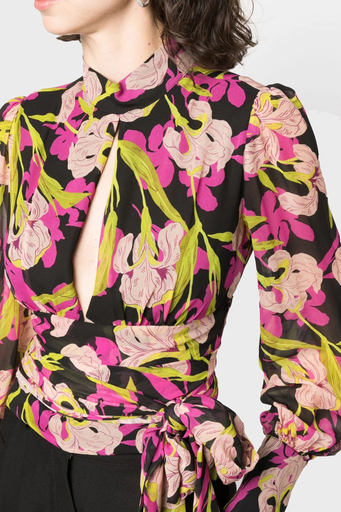 Pinko Çiçek Desenli Dekolteli Belden Bağlamalı Regular Fit Bayan Bluz 101765 A155 ZY5 Pembe-Sarı - 4