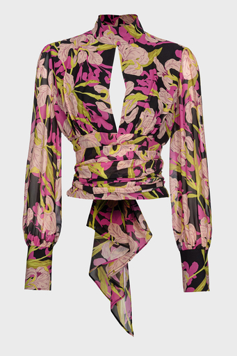 Pinko Çiçek Desenli Dekolteli Belden Bağlamalı Regular Fit Bayan Bluz 101765 A155 ZY5 Pembe-Sarı - 5