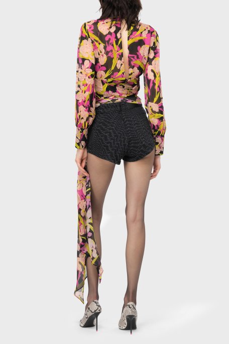 Pinko Çiçek Desenli Dekolteli Belden Bağlamalı Regular Fit Bayan Bluz 101765 A155 ZY5 Pembe-Sarı - 3