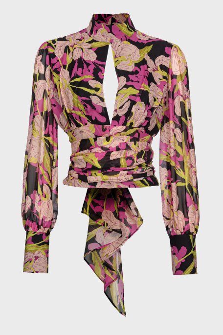 Pinko Çiçek Desenli Dekolteli Belden Bağlamalı Regular Fit Bayan Bluz 101765 A155 ZY5 Pembe-Sarı - 5