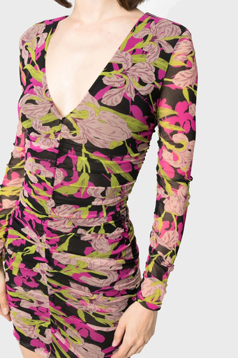 Pinko Çiçek Desenli Dekolteli V Yaka Jorjet Mini Bayan Elbise 102057 A153 ZY5 SİYAH-PEMBE - 4