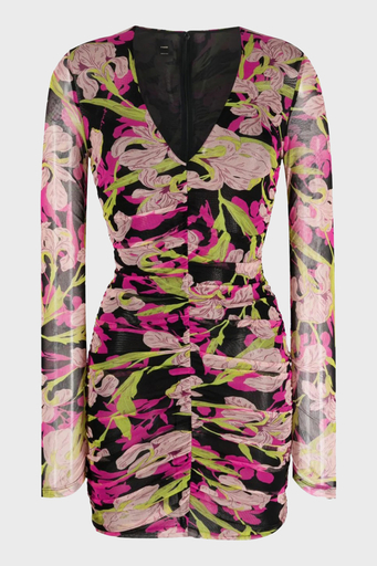 Pinko Çiçek Desenli Dekolteli V Yaka Jorjet Mini Bayan Elbise 102057 A153 ZY5 SİYAH-PEMBE - 5