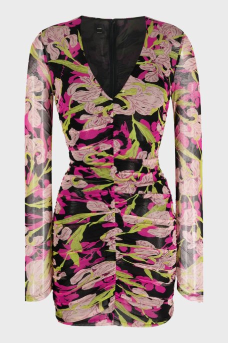 Pinko Çiçek Desenli Dekolteli V Yaka Jorjet Mini Bayan Elbise 102057 A153 ZY5 SİYAH-PEMBE - 5