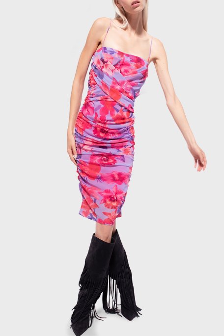 Pinko Çiçek Desenli Drapeli İnce Askılı Mini Bayan Elbise 101129 A0PL YNB PEMBE - 3