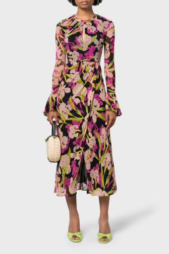 Pinko Çiçek Desenli Fırfırlı Yırtmaçlı Dekolteli Regular Fit Bayan Elbise 101834 A154 ZY5 Pembe-Siyah-Sarı - 1