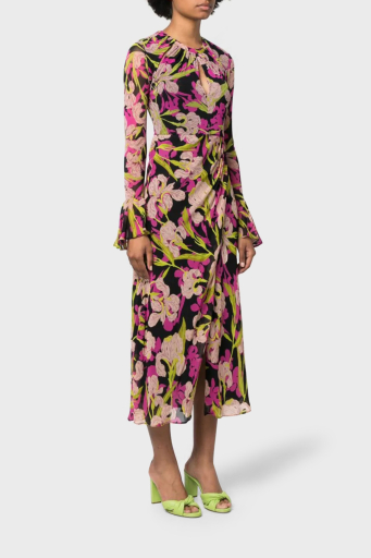 Pinko Çiçek Desenli Fırfırlı Yırtmaçlı Dekolteli Regular Fit Bayan Elbise 101834 A154 ZY5 Pembe-Siyah-Sarı - 3