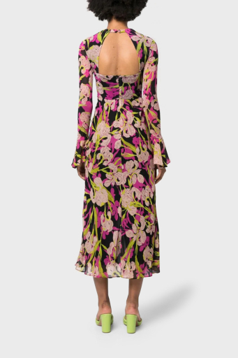 Pinko Çiçek Desenli Fırfırlı Yırtmaçlı Dekolteli Regular Fit Bayan Elbise 101834 A154 ZY5 Pembe-Siyah-Sarı - 7