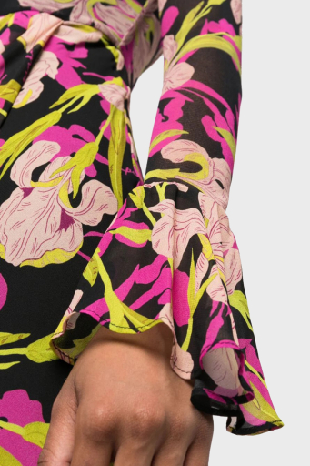 Pinko Çiçek Desenli Fırfırlı Yırtmaçlı Dekolteli Regular Fit Bayan Elbise 101834 A154 ZY5 Pembe-Siyah-Sarı - 10