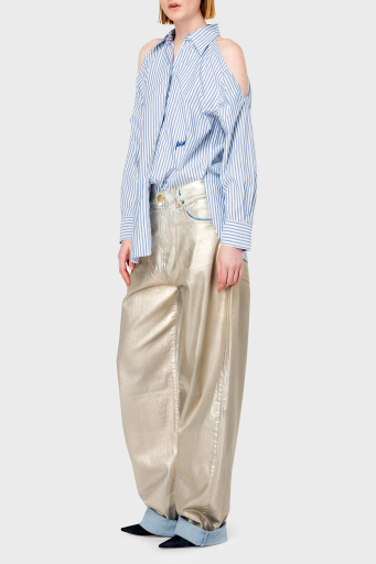 Pinko Çizgili Pamuklu Oversize Fit Omuzları Açık Bayan Gömlek 103058A1OMZE5 MAVİ-BEYAZ - 1