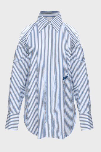 Pinko Çizgili Pamuklu Oversize Fit Omuzları Açık Bayan Gömlek 103058A1OMZE5 MAVİ-BEYAZ - 5