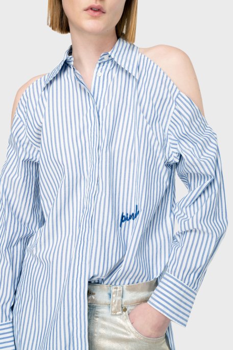 Pinko Çizgili Pamuklu Oversize Fit Omuzları Açık Bayan Gömlek 103058A1OMZE5 MAVİ-BEYAZ - 3