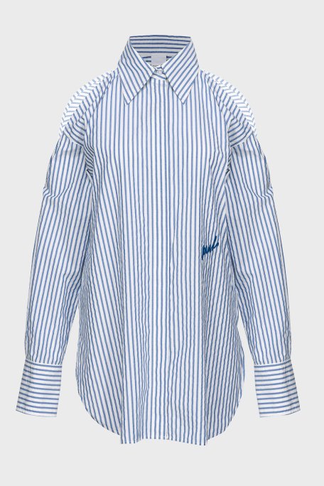 Pinko Çizgili Pamuklu Oversize Fit Omuzları Açık Bayan Gömlek 103058A1OMZE5 MAVİ-BEYAZ - 5