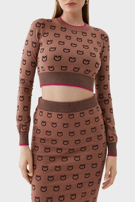 Pinko Logo Desen Baskılı Uzun Kollu Regular Fit Crop Bayan Sweat 101561 A112 CZ3 KAHVE - 1