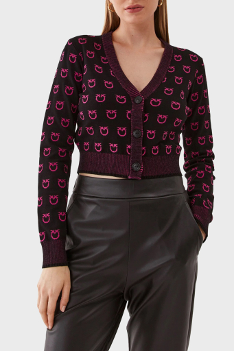 Pinko Regular Fit Düğmeli V Yaka Uzun Kollu Logo Desenli Crop Bayan Hırka 101563 A112 ZW1 SİYAH-PEMBE - 6