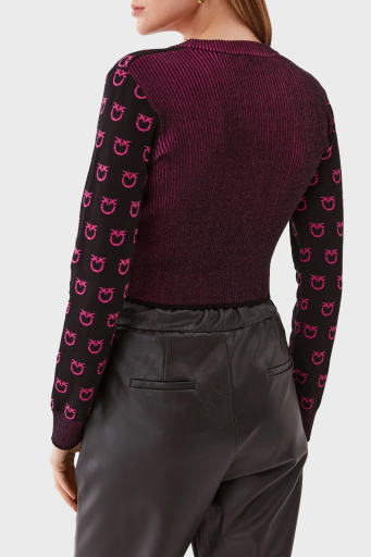 Pinko Regular Fit Düğmeli V Yaka Uzun Kollu Logo Desenli Crop Bayan Hırka 101563 A112 ZW1 SİYAH-PEMBE - 7