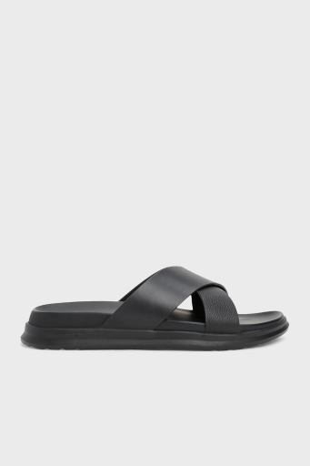Tommy Hilfiger % 100 Deri Çapraz Çift Bantlı Erkek Sandalet FM0FM05358 BDS SİYAH - 1