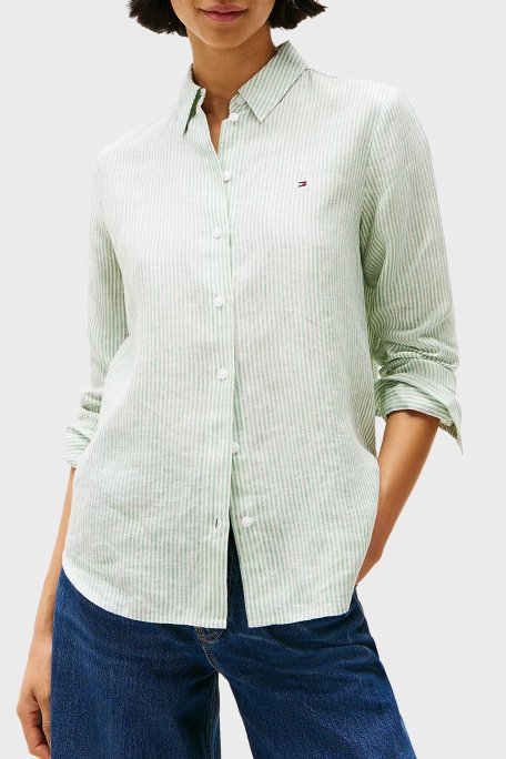 Tommy Hilfiger % 100 Keten Regular Fit Düz Yaka Bayan Gömlek WW0WW44679 0CF AÇIK YEŞİL - 1