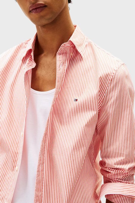 Tommy Hilfiger % 100 Pamuk Regular Fit Çizgili Düğmeli Yaka Erkek Gömlek MW0MW37549 0DM Orange-Beyaz - 4