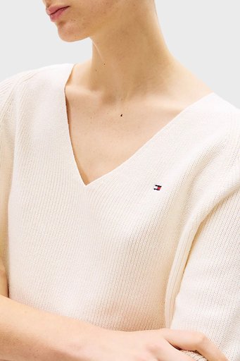 Tommy Hilfiger % 100 Pamuk Regular Fit V Yaka Bayan Kazak WW0WW44452 Z00 AÇIK BEJ - 4