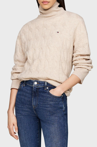 Tommy Hilfiger % 100 Yün Regular Fit Balıkçı Yaka Bayan Kazak WW0WW43102 0F8 BEJ - 1