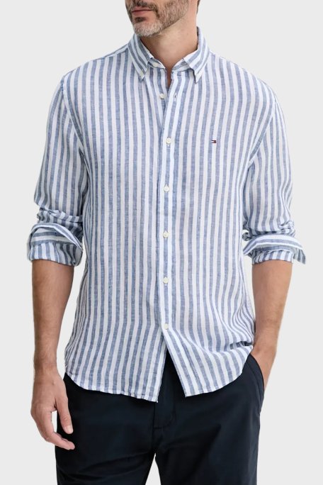 Tommy Hilfiger Çizgili % 100 Keten Uzun Kollu Düğmeli Yaka Erkek Gömlek MW0MW38581 0A5 MAVİ-BEYAZ - 1