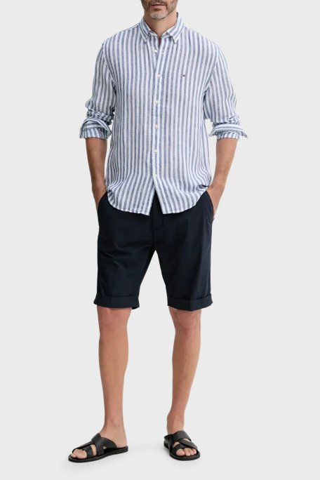Tommy Hilfiger Çizgili % 100 Keten Uzun Kollu Düğmeli Yaka Erkek Gömlek MW0MW38581 0A5 MAVİ-BEYAZ - 2