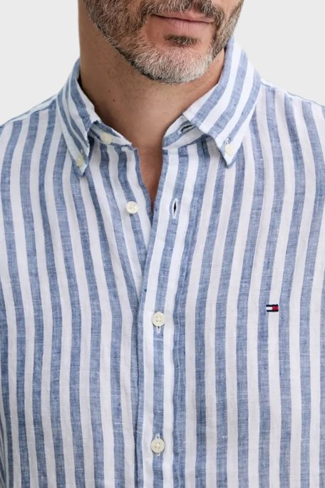 Tommy Hilfiger Çizgili % 100 Keten Uzun Kollu Düğmeli Yaka Erkek Gömlek MW0MW38581 0A5 MAVİ-BEYAZ - 4