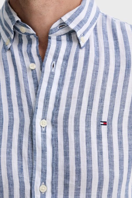 Tommy Hilfiger Çizgili % 100 Keten Uzun Kollu Düğmeli Yaka Erkek Gömlek MW0MW38581 0A5 MAVİ-BEYAZ - 5