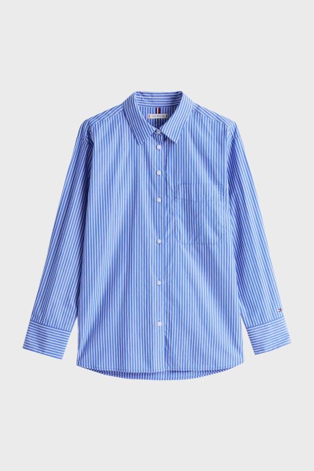 Tommy Hilfiger Çizgili % 100 Pamuk Regular Fit Tek Cepli Bayan Gömlek WW0WW45612 0X6 TURKUAZ - 10